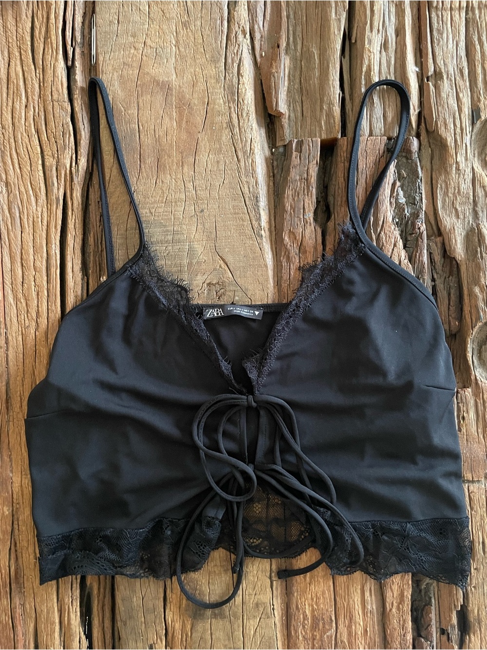 Zara Black Lace-Trim Tie-Front Cami Tank